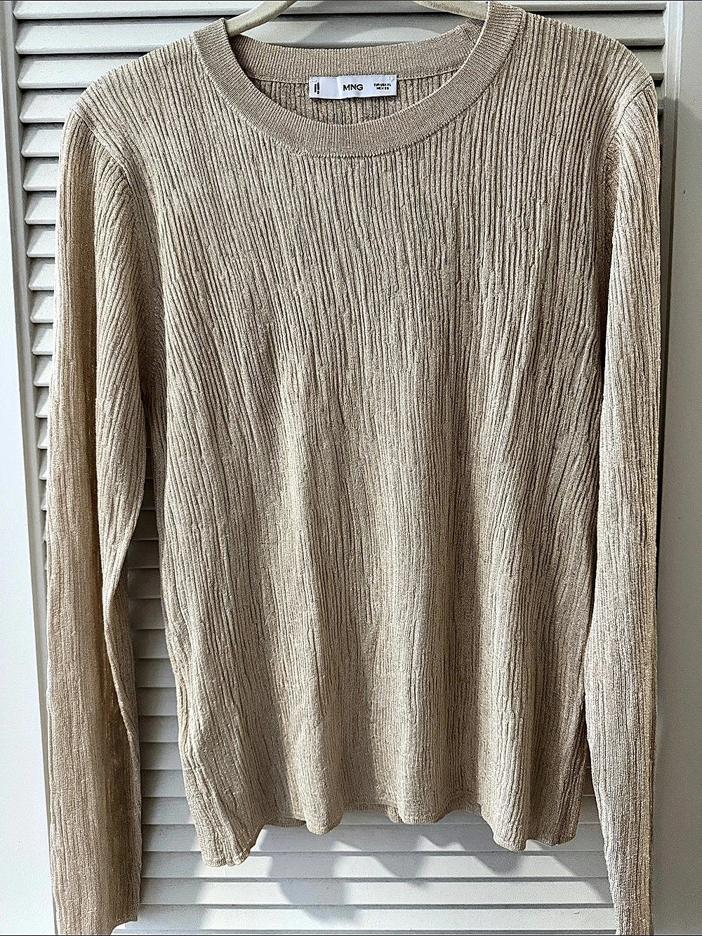 Mango Metallic Crewneck Semi Sheer Sweater in Taupe Size XL